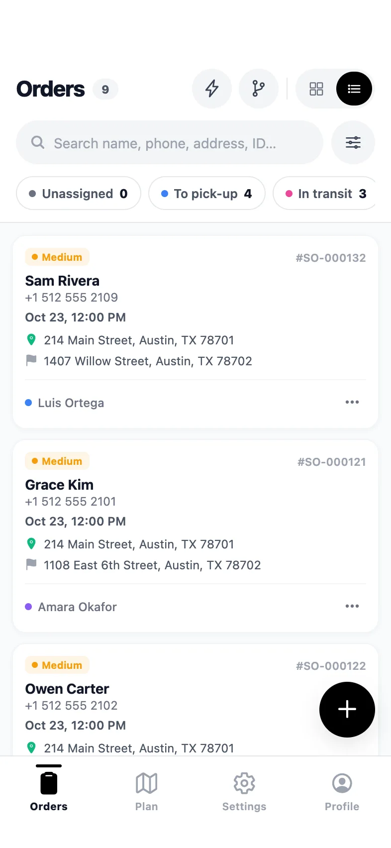 PrivateMile admin app on iPhone: the orders list with status filters and order cards.