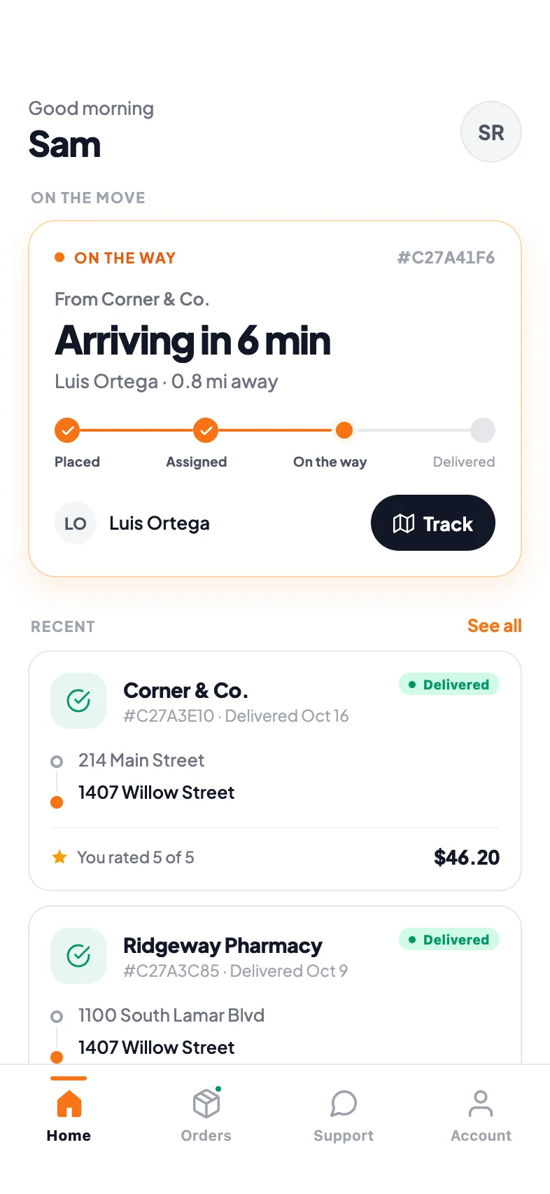 PrivateMile customer app on iPhone: home screen with a delivery arriving in 6 minutes and recent deliveries.
