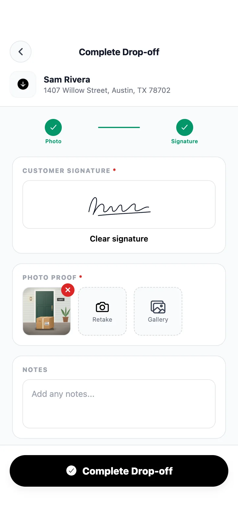 PrivateMile driver app on iPhone: Complete Drop-off screen with a customer signature and a photo of the parcel at the door.