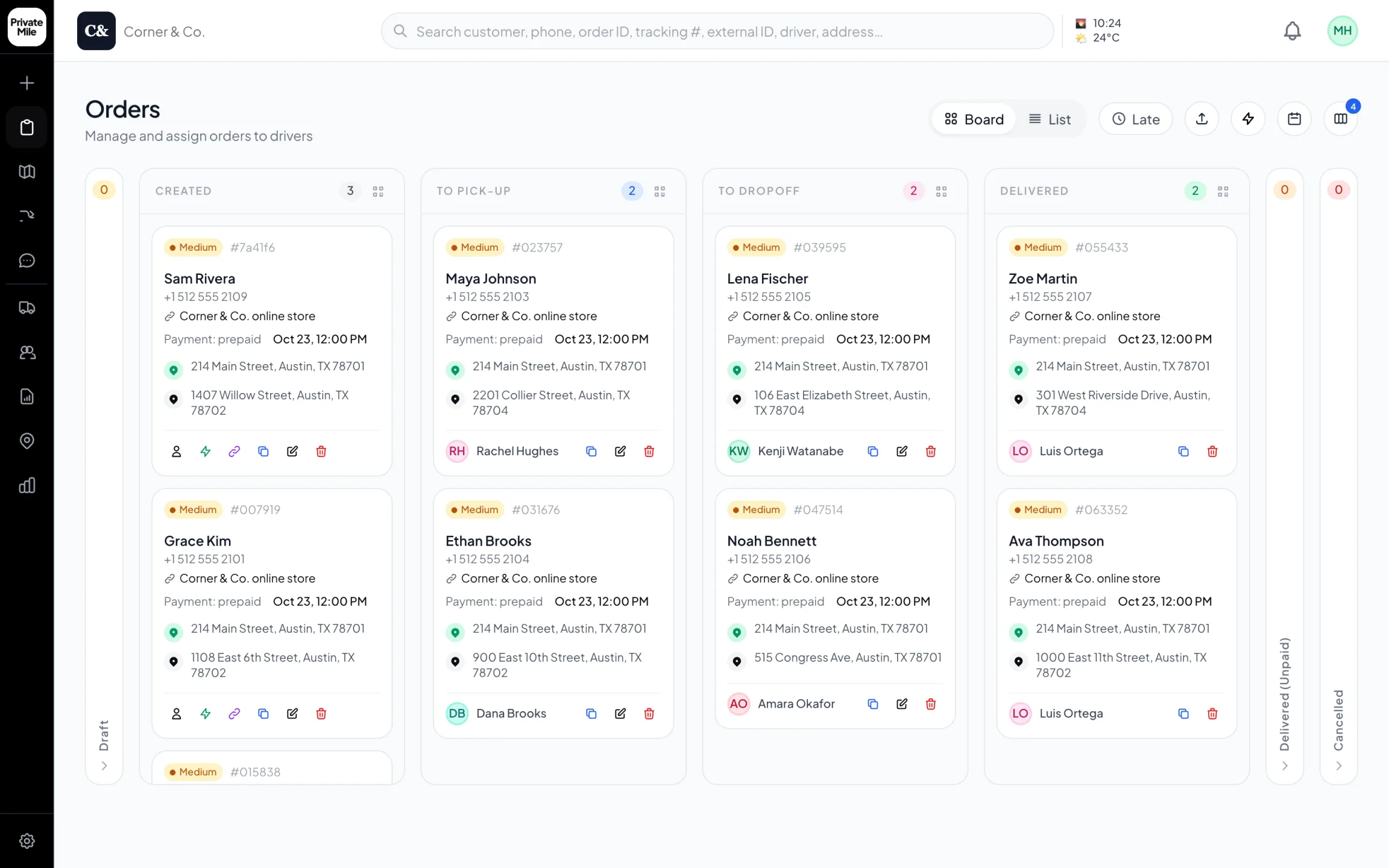 PrivateMile dispatch board: columns for created, to pick-up, to drop-off and delivered orders, with order cards showing customer, pickup and drop-off addresses and the assigned driver.