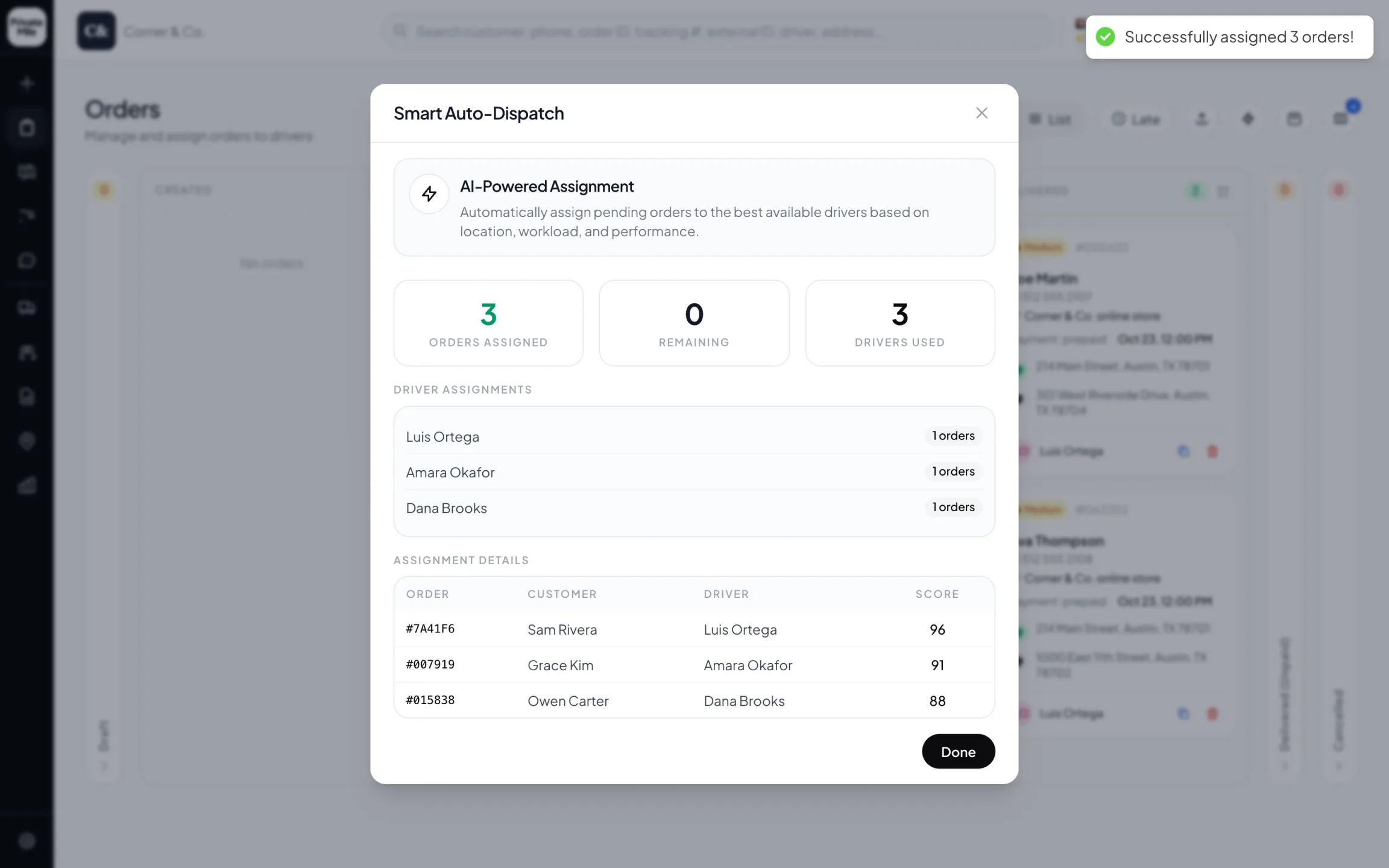 PrivateMile Smart Auto-Dispatch result: 3 orders assigned, 0 remaining, 3 drivers used, with a table of order, customer, driver and score.